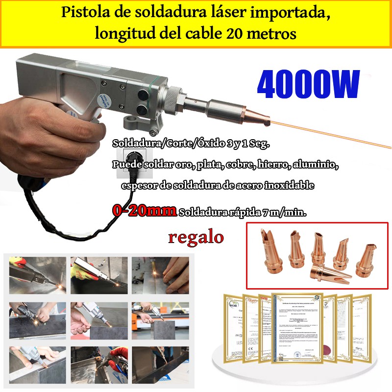 Lámpara láser multifunción de 4000 W (soldadura de oro/plata/cobre/hierro/aluminio/acero inoxidable) Espesor de soldadura 0-20 mm (soldadura/corte/eliminación de piedras 3 en 1)