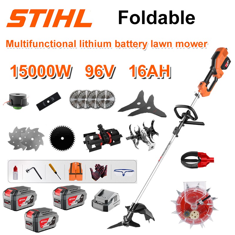 Cortacésped sin escobillas de 15000 W + Batería de litio de 96 V/16 AH * 3 + Hoja de sierra circular * 4 + Hoja de sierra recta + Disco de desmalezado + Cuerda de desmalezado * 20 + Hoja de tres hojas * 2 + Hoja de sierra de acero + Hoja de aleación * 2 + Cabezal de desmalezado + Cabezal de arado + Cargador rápido doble original + cabezal recolector de frutas + cabezal de siembra + otros accesorios + garantía de diez años