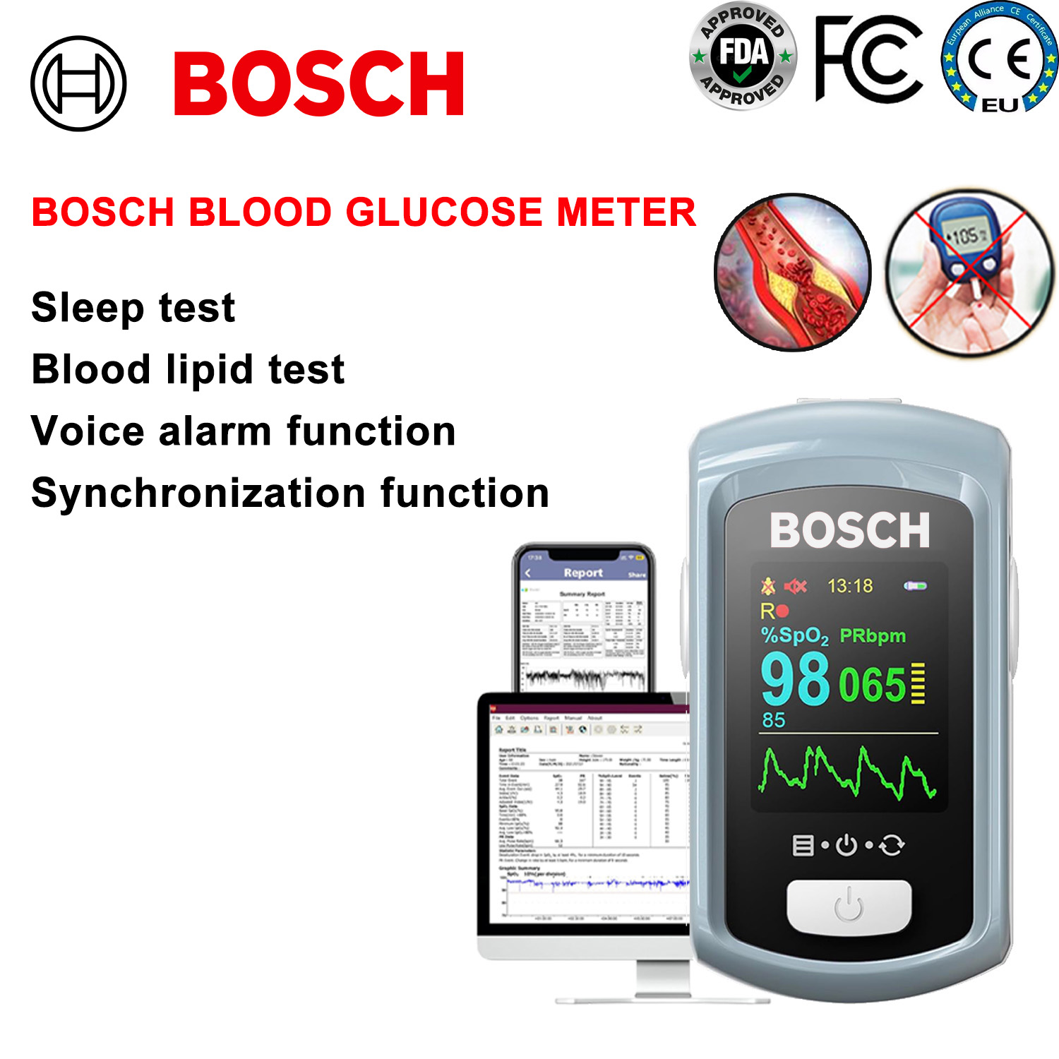 Oxímetro Bosch, detección de sueño, detección de lípidos en sangre, función de alarma por voz (soporta español), función de sincronización