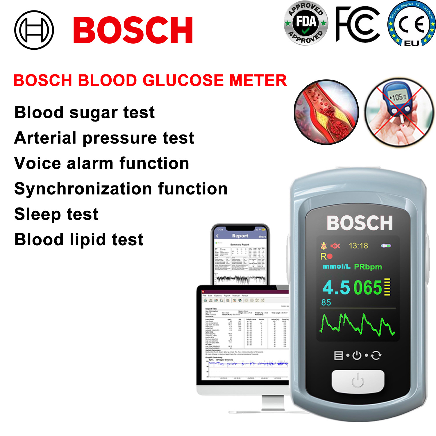 Medidor de glucosa en sangre multifuncional Bosch, glucemia no invasivo (99% de precisión), detección de sueño, detección de lípidos en sangre, detección de presión arterial, función de alarma por voz (compatible con español), función de sincronización