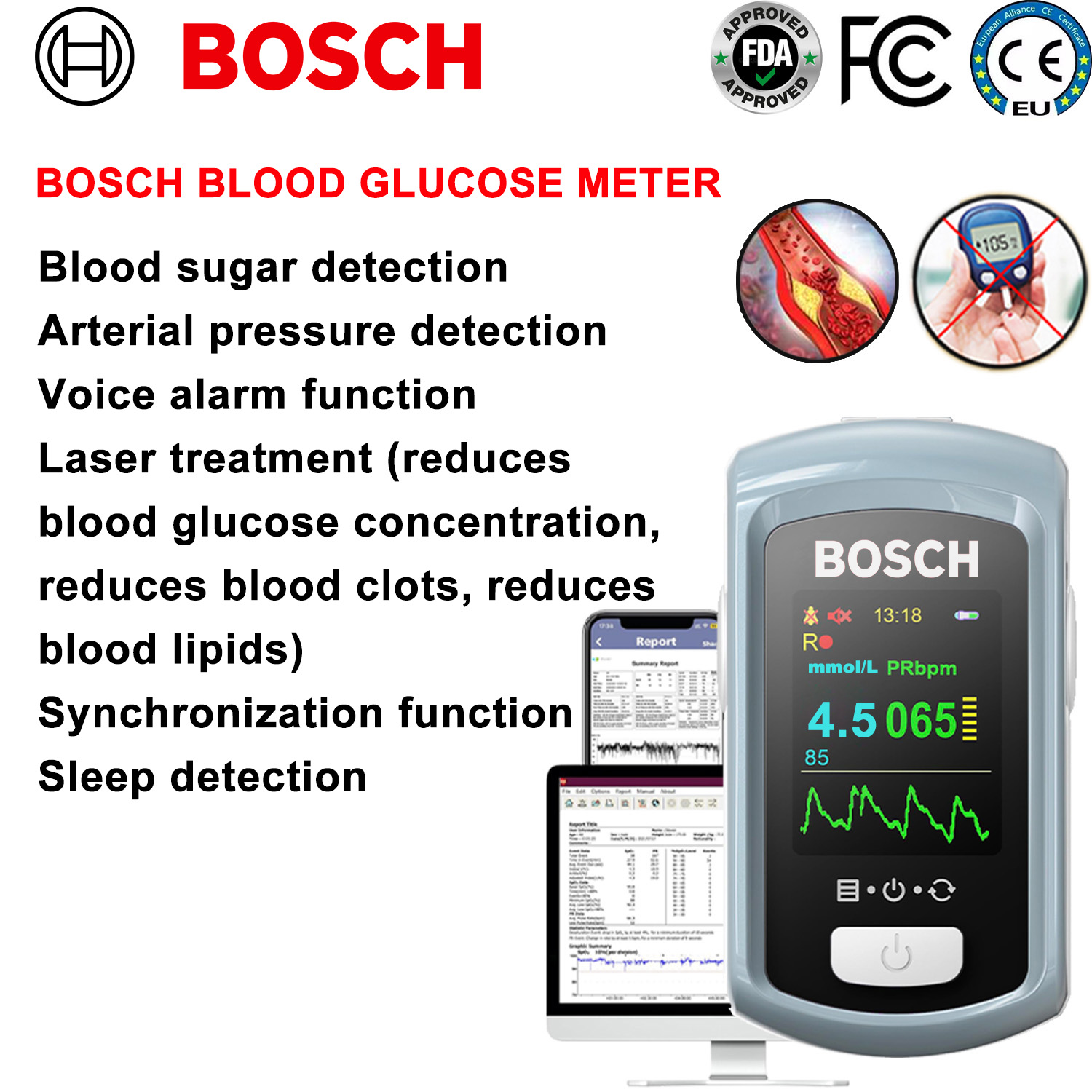 Medidor de glucosa en sangre multifuncional de Bosch, glucosa en sangre no invasivo (99% de precisión), tratamiento con láser (reduce la concentración de glucosa en sangre, reduce los coágulos de sangre, reduce los lípidos en sangre), detección de sueño, detección de lípidos en sangre, detección de presión arterial, función de alarma por voz (admite español), función de sincronización